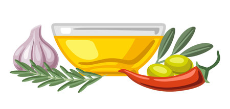 Background with flavored oil rosemary and chili pepper, olive branch and garlic. Spicy seasoning for cooking.のイラスト素材