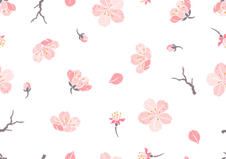Seamless pattern with sakura flowers. Beautiful decorative plants. Natural background.のイラスト素材