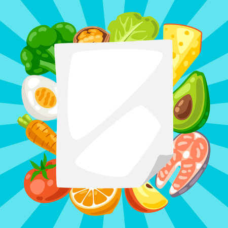 Illustration of dieting plan with food. Healthy eating and diet meal. Fruits, vegetables and proteins for proper nutrition. Production and cooking.のイラスト素材
