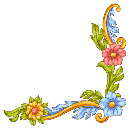 Decorative floral corner in baroque style. Colorful curling plant. Vintage swirling frame.のイラスト素材