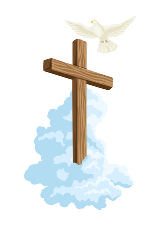 Christian illustration of wooden cross and pigeon. Happy Easter image. Religious symbol of faith.のイラスト素材