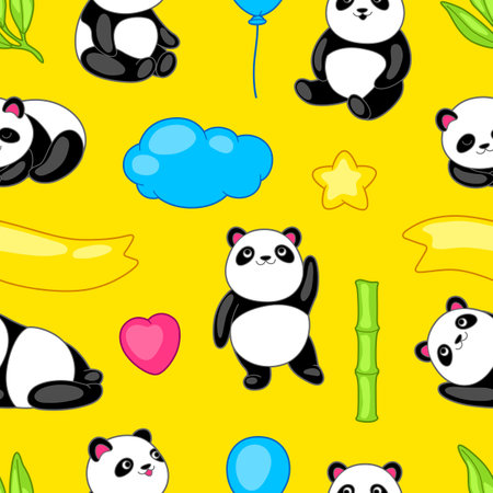 Seamless pattern with cute little pandas. Funny characters and decorations in cartoon style.のイラスト素材