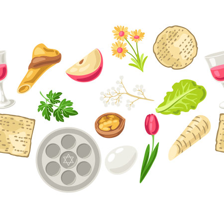 Happy Pesach Jewish Passover plate seamless pattern. Holiday background with traditional symbols.のイラスト素材
