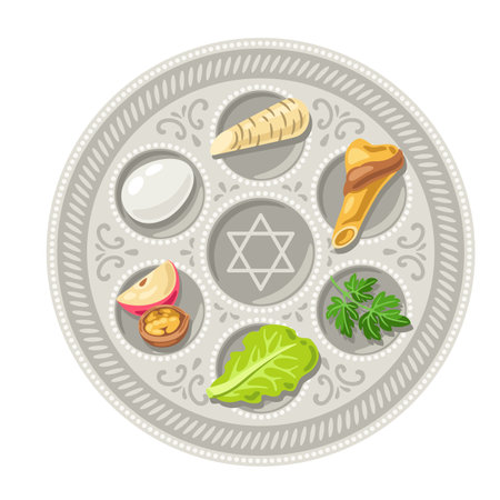Happy Pesach Jewish Passover plate illustration. Holiday background with traditional symbols.のイラスト素材