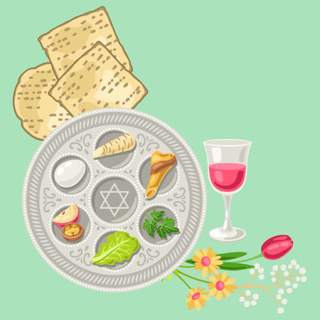 Happy Pesach Jewish Passover plate illustration. Holiday background with traditional symbols.のイラスト素材