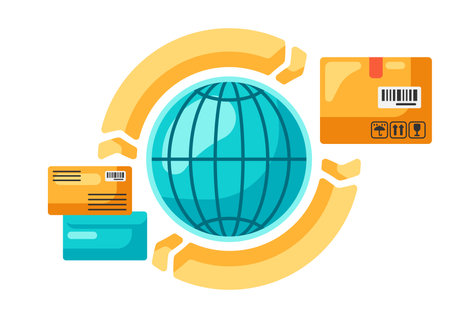 Illustration of worldwide cargo. Delivery of goods by order in store. Shipping service.のイラスト素材