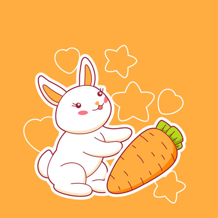 Background with cute kawaii little bunny. Funny cheerful character and decorations in cartoon style.のイラスト素材