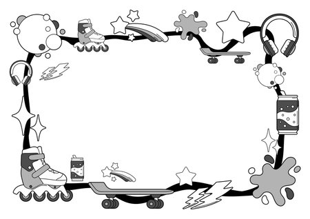 Frame with fashion items. Monochrome cute teenage background. Creative fun symbol in cartoon style.のイラスト素材