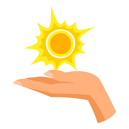 Summer sun on hand illustration. Stylized image or icon of sunny day and heat.のイラスト素材