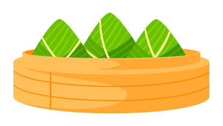 Wrapped rice dumplings in steamer. Duanwu holiday. Chinese Dragon Boat Festival traditional food. Zongzi sticky rice in bamboo leaves.のイラスト素材
