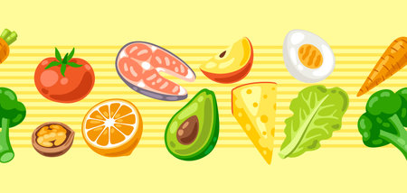 Seamless pattern with healthy eating and diet meal. Fruits, vegetables and proteins for proper nutrition. Production and cooking of food.のイラスト素材