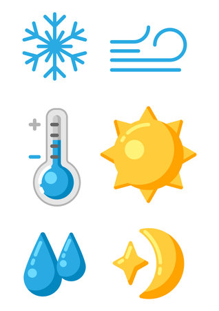 Set of stylized climate icons. Weather and images of various conditions.のイラスト素材