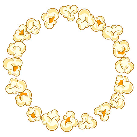 Frame of popcorn. Image of snack food in cartoon style. For cinemas and cafes.のイラスト素材