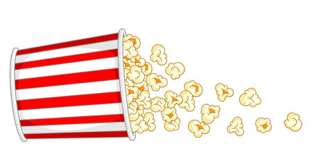 Popcorn in paper striped bucket. Illustration of snack food in cartoon style. For cinemas and cafes.のイラスト素材