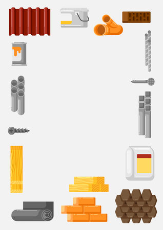 Building materials background. Industrial products for construction and renovation. Illustration for shop sale in simple style.のイラスト素材