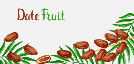 Background with dates fruits and palm leaves. Tropical sweet vegetarian food for healthy lifestyle.