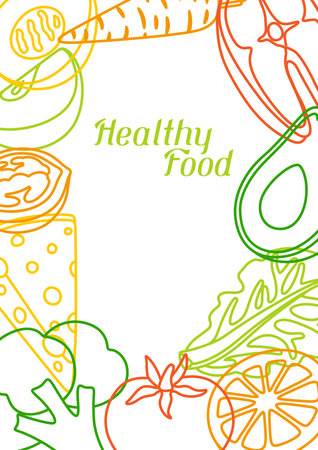 Background with healthy eating and diet meal. Fruits, vegetables and proteins for proper nutrition. Production and cooking of food.のイラスト素材