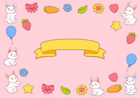 Background with cute little bunnies. Funny cheerful characters and decorations in cartoon style.のイラスト素材
