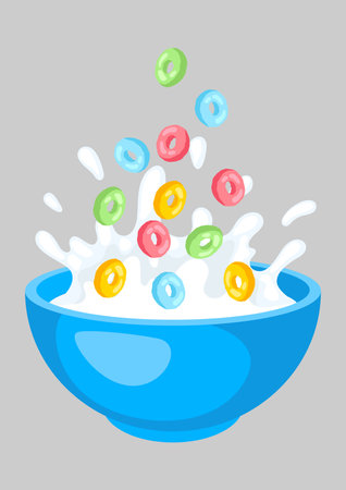 Breakfast cereal falls into bowl. Image of healthy and wholesome food.のイラスト素材
