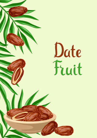 Background with dates fruits and palm leaves. Tropical sweet vegetarian food for healthy lifestyle.のイラスト素材