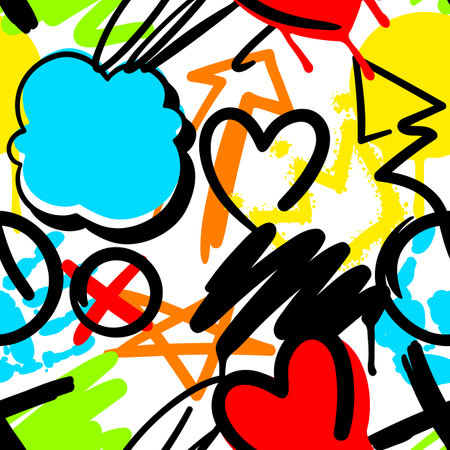 Pattern with graffiti symbols. Cartoon abstract grunge creative image. Fashion illustration in modern style.のイラスト素材
