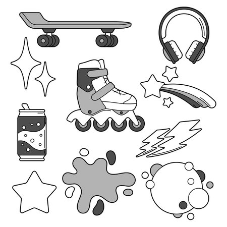 Set of fashion items. Monochrome cute teenage background. Creative fun symbol in cartoon style.のイラスト素材
