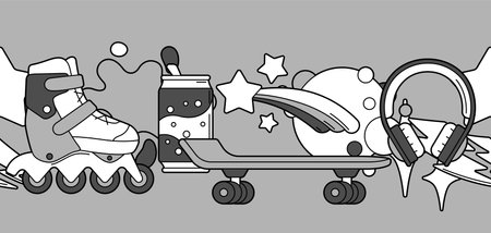 Seamless pattern with fashion items. Monochrome cute teenage background. Creative fun symbol in cartoon style.のイラスト素材