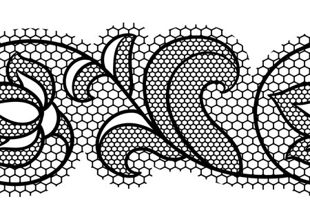Lace floral pattern. Seamless border with flowers and leaves. Embroidery handmade decoration. Vintage fashion needlework.のイラスト素材