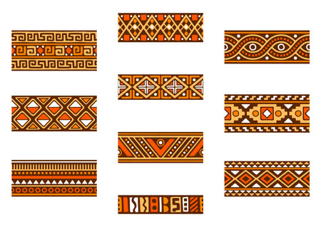 African seamless borders set. Hand stamp printing. Ethnic folk ornament texture.のイラスト素材