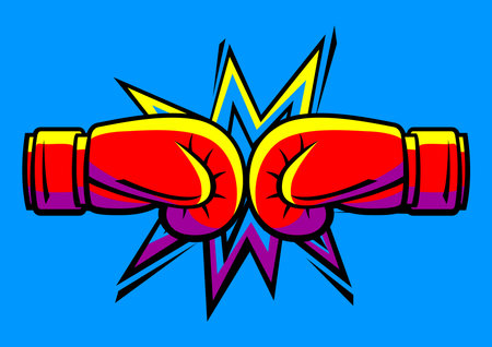 Emblem with boxing gloves. Box club label. Sport training illustration in cartoon style.のイラスト素材