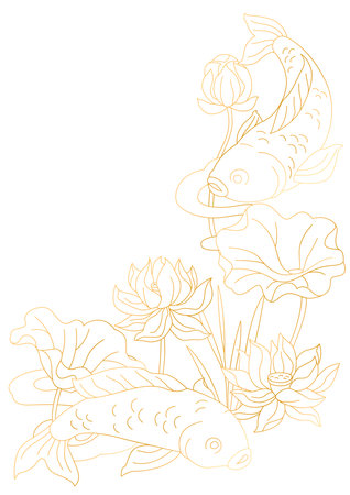 Oriental fish and lotus illustration. Chinese and japanese traditional background. Linear gold art.のイラスト素材