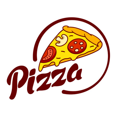 Tasty Italian pizza slice emblem. Delicious fast food meal. Illustration for cafe menu and advertising.のイラスト素材