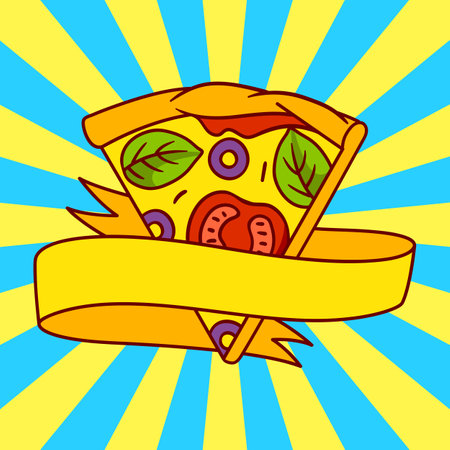 Tasty Italian pizza slice emblem. Delicious fast food meal. Illustration for cafe menu and advertising.のイラスト素材