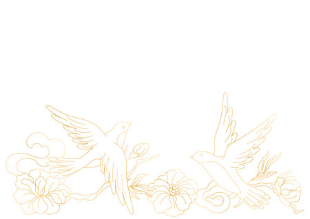 Oriental birds and flowers illustration. Chinese and japanese traditional background. Linear gold art.のイラスト素材