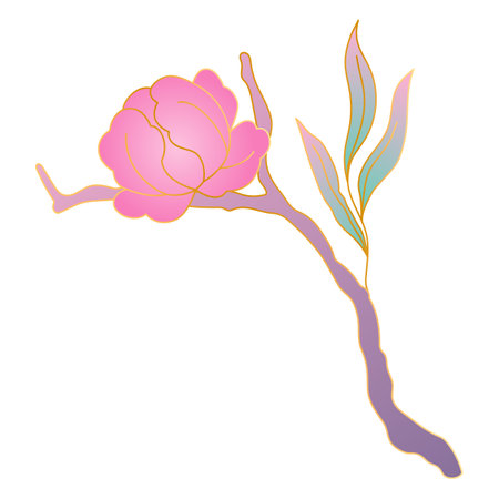 Sakura branch in oriental style. Chinese and japanese traditional illustration. Linear gold art.のイラスト素材