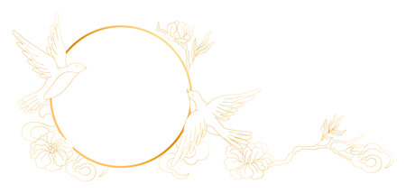 Oriental birds and flowers illustration. Chinese and japanese traditional background. Linear gold art.のイラスト素材