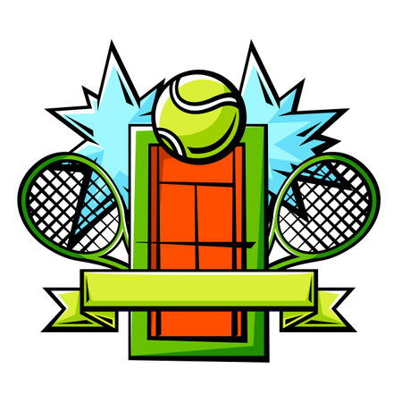 Emblem with tennis symbols. Sport club label or emblem. Healthy lifestyle illustration in cartoon style.のイラスト素材
