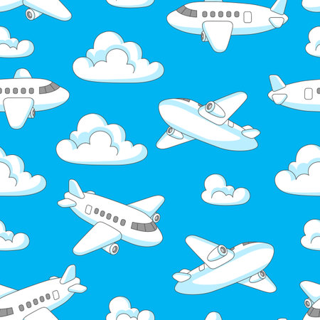 Pattern with airplanes and clouds. Travel illustration and tourism background. Happy journey.のイラスト素材