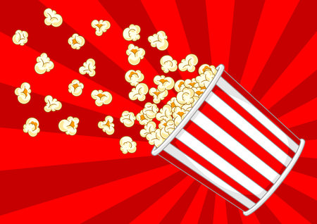 Popcorn in paper striped bucket. Illustration of snack food in cartoon style. For cinemas and cafes.のイラスト素材