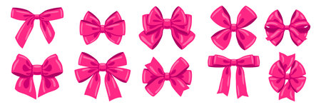 Set of pink satin bows. Ribbon with knot for gift card decoration and design.のイラスト素材