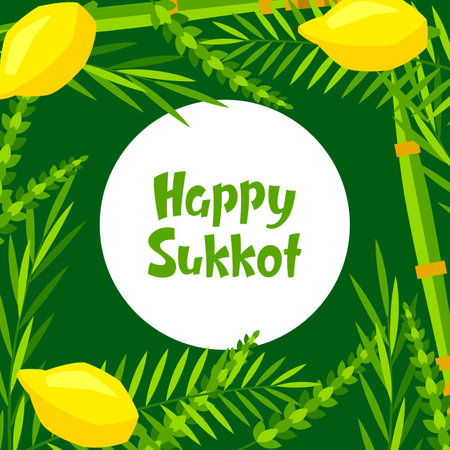 Happy Sukkot greeting card. Holiday background with Jewish festival traditional symbols. Four species etrog, lulav, willow and myrtle branches.のイラスト素材
