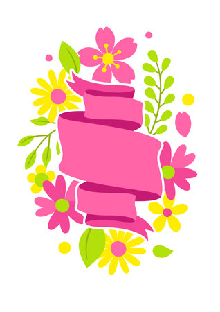 Background with spring flowers. Beautiful decorative natural plants, buds and leaves. Seasonal design.のイラスト素材