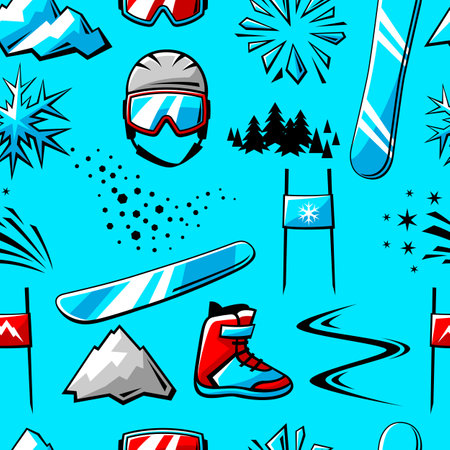Pattern with snowboarding items. Winter sport illustration. Healthy lifestyle background in cartoon style.のイラスト素材