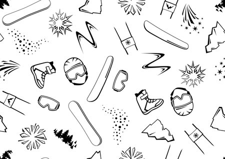 Pattern with snowboarding items. Winter sport illustration. Healthy lifestyle background in cartoon style.のイラスト素材