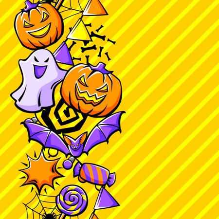 Happy Halloween pattern. Holiday background with celebration items. Party illustration in cartoon style.のイラスト素材