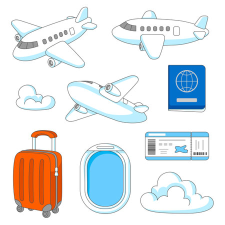 Travel icons set. Airplanes, suitcase, ticket and passport for tourism advertising. Happy journey.のイラスト素材
