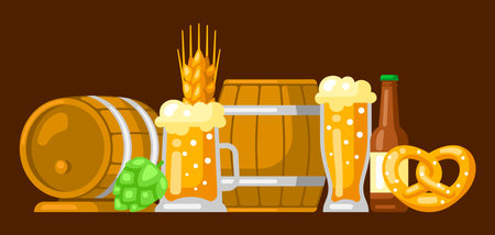 Card with beer objects. Beer festival or . Background for pub or bar menu.のイラスト素材