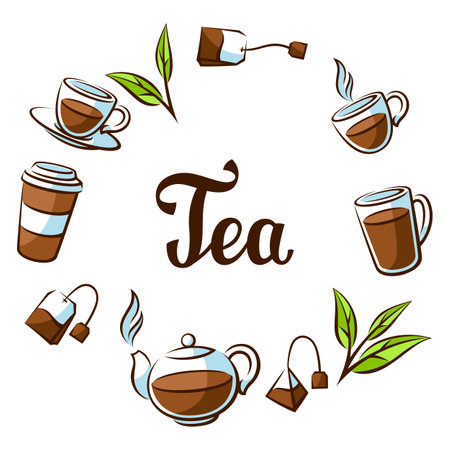 Frame with black tea. Illustration with tea and accessories, packs and kettles. Image for advertising and production.のイラスト素材