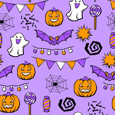 Happy Halloween pattern. Holiday background with celebration items. Party illustration in cartoon style.のイラスト素材