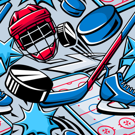 Pattern with hockey items. Sport club illustration. Healthy lifestyle background in cartoon style.のイラスト素材